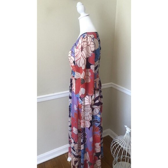 NWOT Molly Bracken Size S Bright Floral Maxi Dress Sheer 3/4 Sleeve Boho Retro - Picture 3 of 6